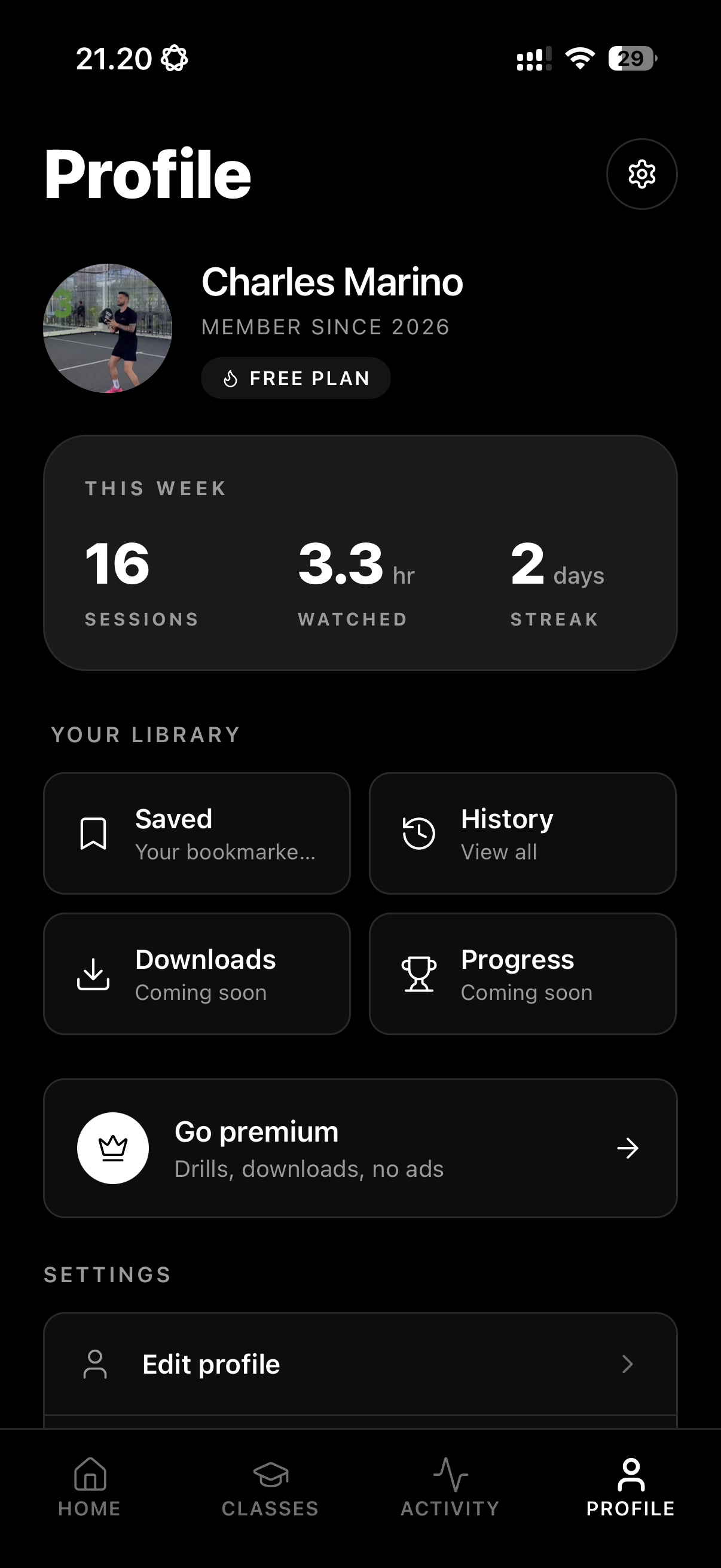 Profile with stats and library