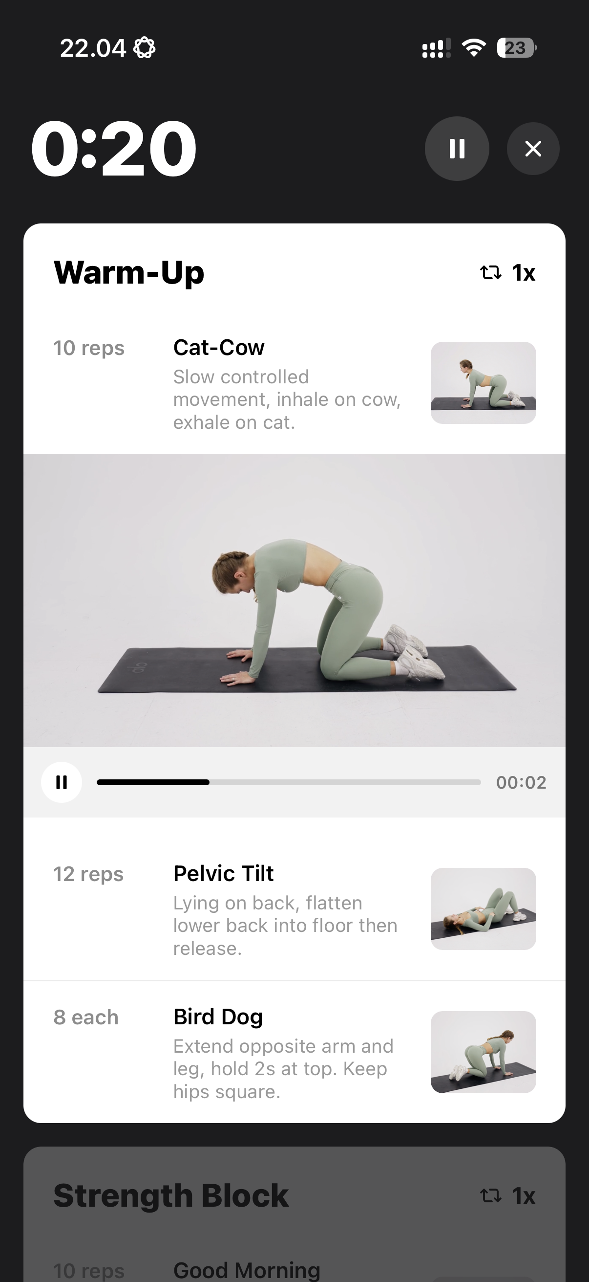 Active workout with warm-up exercises and timer